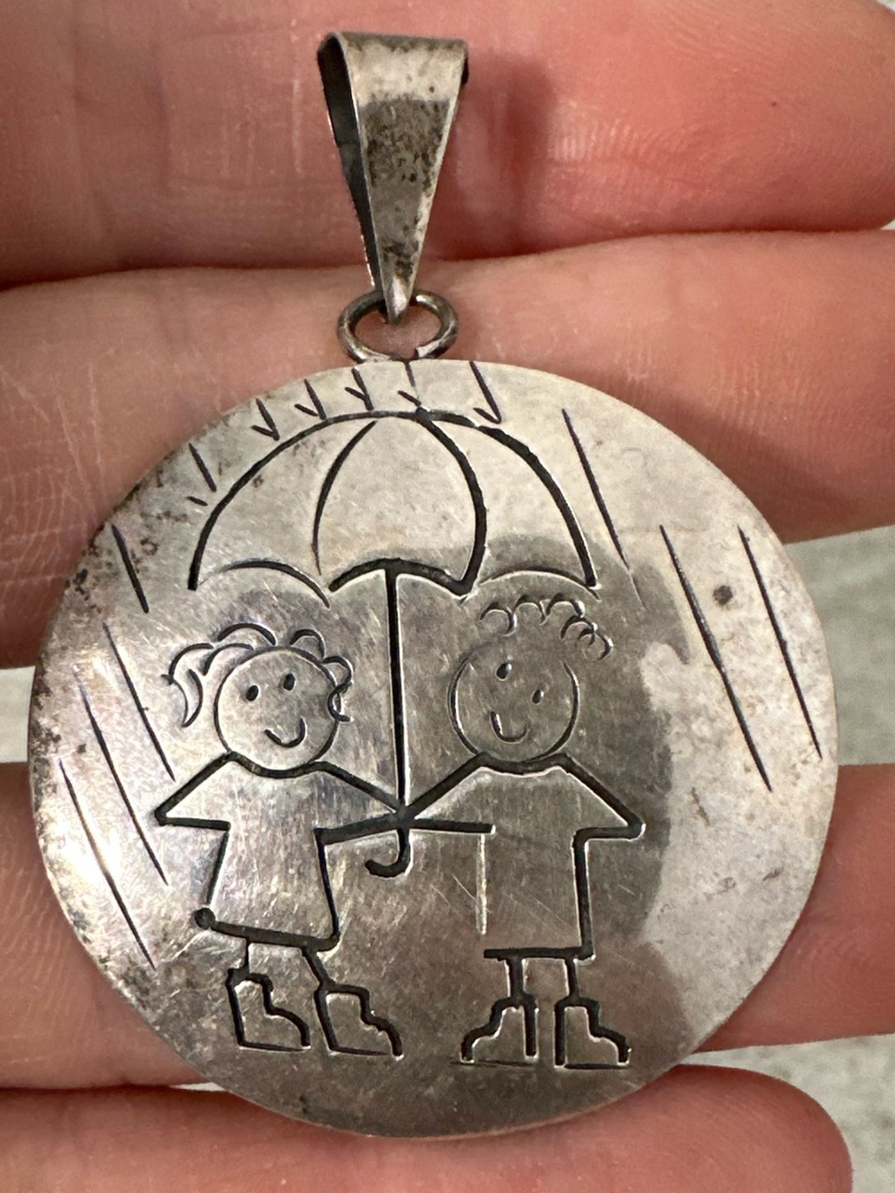 Vintage Sterling Silver Taxco Kids In The Rain Pendant